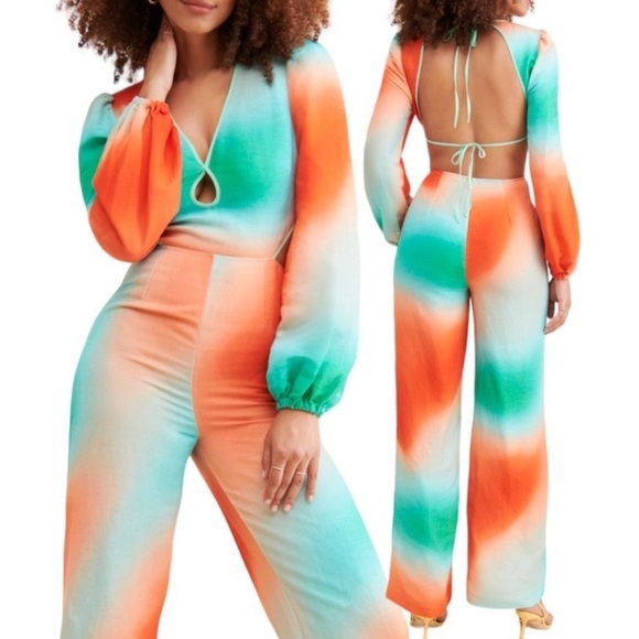 The Wolf Gang Pants - The Wolf Gang Martina Linen Blend Ombre Open Cutout Back Straight Leg Jumpsuit M